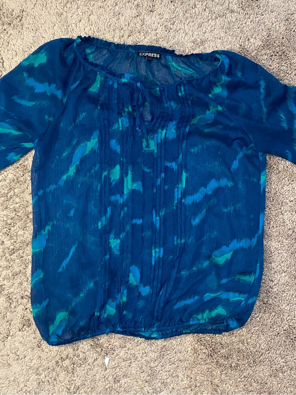 Express Womens M Blue Teal Abstract Print Sheer Peasant Blouse 3/4 Sleeve Top